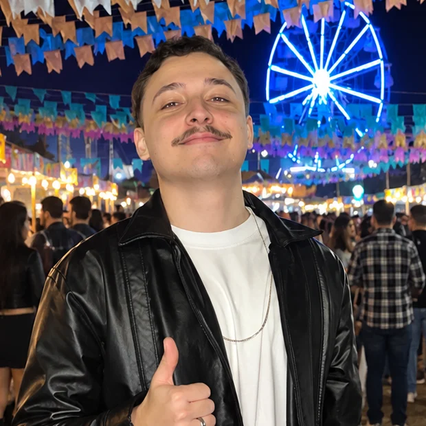 Gustavo Martins França sorrindo, de jaqueta preta, fazendo sinal de positivo com a mão