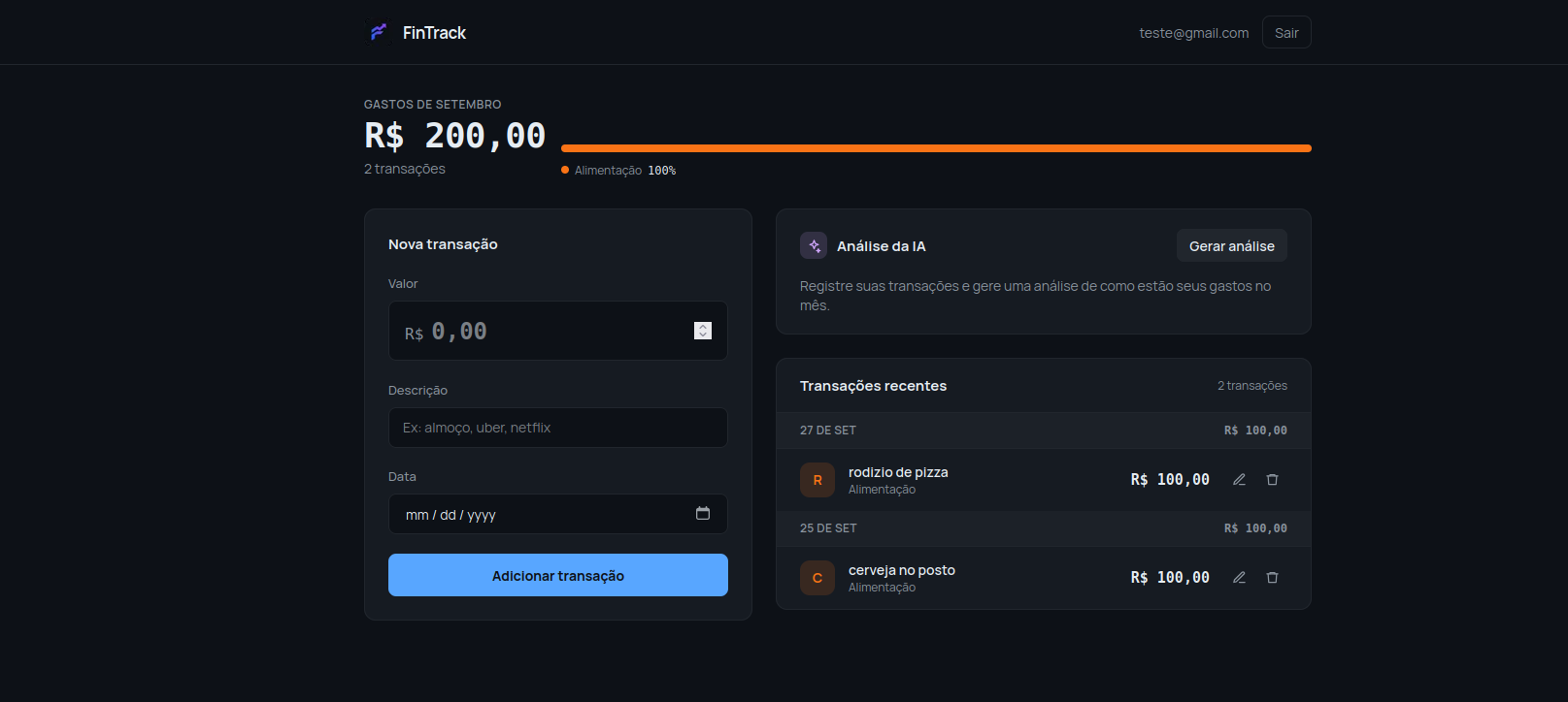 Dashboard do FinTrack com gastos do mês, nova transação, análise da IA e transações recentes